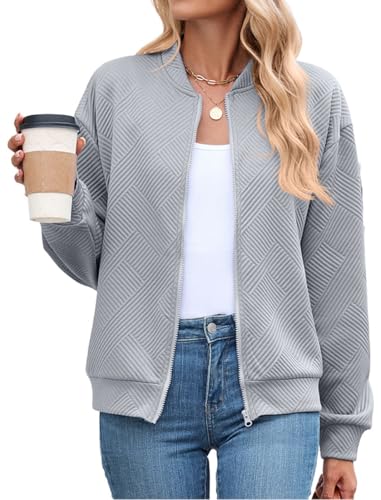PANOZON Damen Baseball Jacke Reißverschluss Langarm Jacke Casual Bomberjacke Grau 2XL