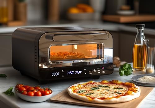 Elektrischer Pizzaofen, 1850W 450°C Pizzabackofen mit 60-Min-Timer & 6 Voreinstellungen für Pizza bis 12
