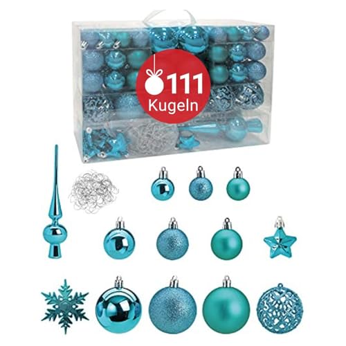 WOMA Christbaumkugeln Set Türkis & 19 weiteren Farben - 111er Weihnachtskugeln Set inkl. Metallhaken - Weihnachtskugeln Kunststoff - Weihnachtsbaum Deko & Christbaumschmuck