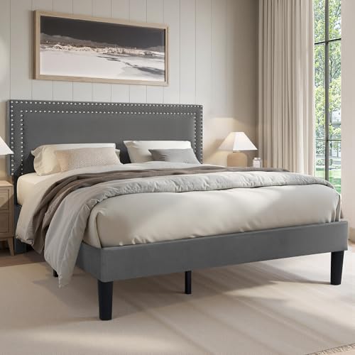 VECELO Polsterbett 140 x 200 cm Doppelbett Bettrahmen mit Höhenverstellbarem Kopfteil, Gepolstertes Bettgestell mit Lattenrost, Samtbezug, für Erwachsene & Jugendliche, Ohne Matratze, Grau