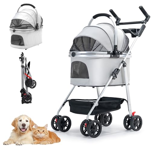 Siairo Hundewagen 3 in 1, Haustiere Buggy für mittelgroße Hunde, Faltbarer Hundebuggy bis 20kg, Haustiere Transportbox, Hundewagen mit abnehmbarem Carrier Autositz und Nahrungsmittelfach (grau)