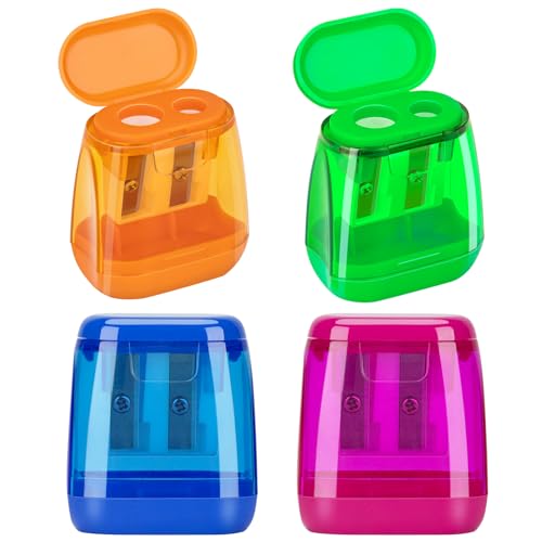 JEFURE Doppelloch Bleistiftspitzer, 4 Stück, 4 Farben | Handheld Anspitzer fur Dicke und Dunne Bleistifte, mit Deckel, Pencil Sharpener fur Schule, Büro und Zuhause