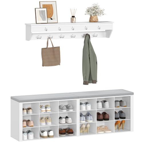 Hzuaneri Garderobe mit Sitzbank, Schuhbank mit 18 Fächer, Weiß-Grau | Sitzfläche, Eingangsbank, Wandgarderobe mit 11 Haken, für Wohnzimmer, Flur, 30 x 150 x 48 cm, HT25903GY