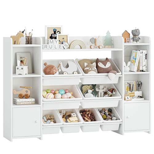 FOREHILL Kinderregal mit 8 Boxen Kinderschrank Holz Bücherregal für Kinder Aufbewahrungsbox Kinderzimmer Möbel mit Spielzeugkiste 138,8 x 94,3 x29,6 cm weiß