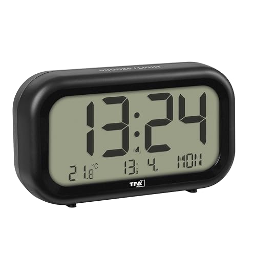 TFA Dostmann Wecker digital Nocta, 60.2052, batteriebetrieben mit großen Zahlen, Wecker mit 2 Lautstärken, beleuchtet, inkl Innenthermometer, Datum und Wochentag, schwarz