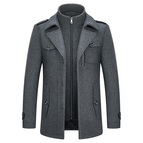 KUDORO Herren Wintermantel Wolle Kurzmantel Herren Wollmantel Mittellang Slim Fit für Business Freizeit Peacoat Herren Casual(Grau1,L)