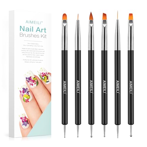 AIMEILI 6 Stücke Doppel Ende Nagel Pinsel, Nail Art Pinsel und Dotting Tool Set Nagel Pinselset Line Art Nail Brush Nagelpinsel Set Gel mit Dotting Tool