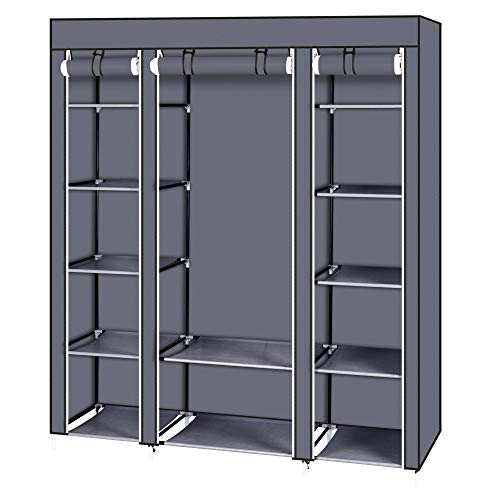 Bonnlo Kleiderschrank, 150 x 45 x 175 cm, Stoffschrank mit Kleiderstange und Ablagen Stabil, Stoffkleiderschrank für Schlafzimmer, viel Platz, Faltschrank (Grey, 150-12)