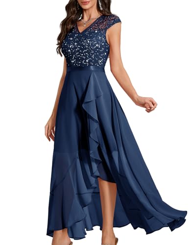 Bbonlinedress Abendkleid elegant für Hochzeit Glitzer Kleid Chiffon Abschlusskleid lang festliches Spitze Brautkleid mit Pailletten Party Ballkleid Cocktailkleid Navy S