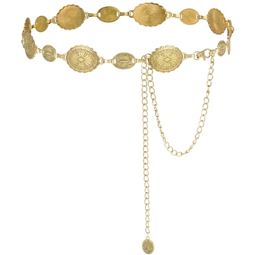Alaoo Kettengürtel Damen,Western-Metallgürtel Cowgirl Verstellbare Metall Schnalle,Goldener Gürte mit ausgehöhlter Daisy,Kettengürtel Taillenkette Taille Gürtel für Kleider,Jeans,Pullover,Gold,A,130