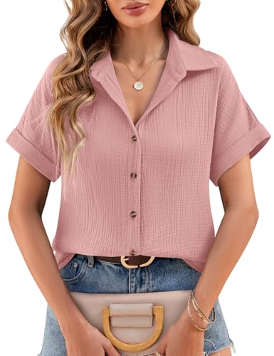 heekpek Musselin Bluse Damen Sommer Blusenshirt V-Ausschnitt Hemdbluse Elegante Oberteile 100% Baumwolle Kurzarm Blusen Tunika Shirt, Rosa, XL