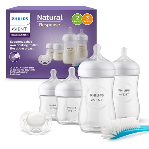 Philips AVENT Babyflaschen Natural Response, Geschenkset für Neugeborene – 4 Babyflaschen, ultra soft Schnuller und Flaschenbürste, Babys von 0–12 Monaten und älter (Modell SCD838/11)