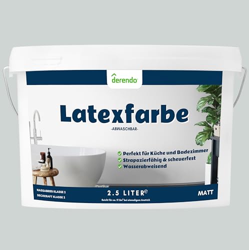derendo Latexfarbe grau hellgrau matt abwaschbar 2.5 Liter für Innen Küche Badezimmer streichen graue Wandfarbe hohe Deckkraft 2,5L