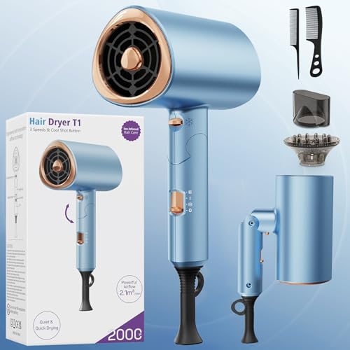 Ionen Haartrockner, 2000W Professionell Schnelltrocknend Föhn mit 3 Stufen Luftstrom, Kaltlufttaste, Hitzeschutz, Klappbar leicht Haartrockner mit Diffusor, Anti-Frizz Haarpflege für Zuhause & Reisen