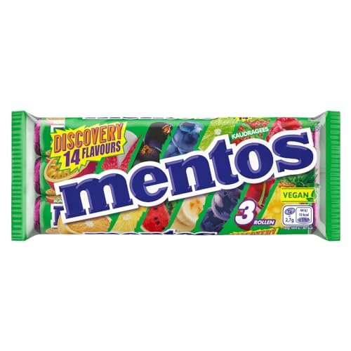 Mentos Dragees Discovery, Optimal-saure Frucht-Bonbons mit 14 Flavours, fruchtig-spritzige Kaubonbons, Optimaligkeiten 3er Pack (3 Rollen), vegan