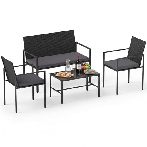 COSTWAY Rattan Gartenmöbel Set, Outdoor Lounge Möbel, Balkonmöbel Kleiner Balkon, Sitzgruppe mit 2 Sessel, Bank, Tisch & Sitzkissen, Sitzgarnitur, Terrassenmöbel, Gartengarnitur (Grau)