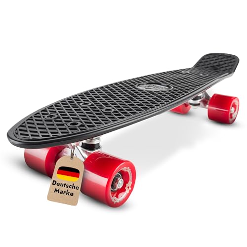 BIKESTAR Vintage Retro Cruiser Skateboard 60mm für Kinder und Erwachsene auch Anfänger ab ca. 6-8 Jahre | Schwarz & Rot