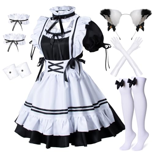 Anime French Maid Schürze, Lolita, Faschingskostüm, Cosplay Kostüm, pelzige Katze, Ohren, Handschuhe, Socken-Set, schwarz-weiß, X-Large