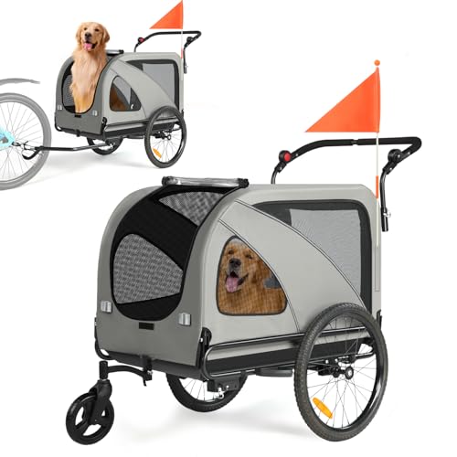 Fiximaster 2-in-1 XXL Fahrradanhänger für Hunde, Faltbarer Hundeanhänger mit Dachöffnung, Reflektoren & Reflexstreifen, Universal-Fahrradkupplung, Höhenverstellbarem Schiebegriff (Grau)
