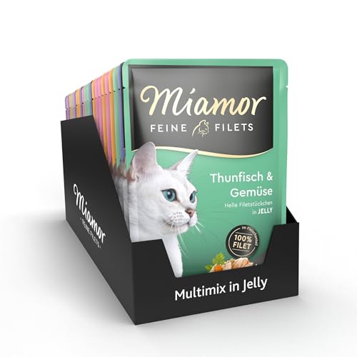 MIAMOR - Feine Filets in Jelly Mixpaket | Nassfutter für ausgewachsene Katzen mit Filetstückchen in Jelly. Fettarmes Ergänzungsfutterim Frischebeutel ohne künstliche Zusätze | 24x100g