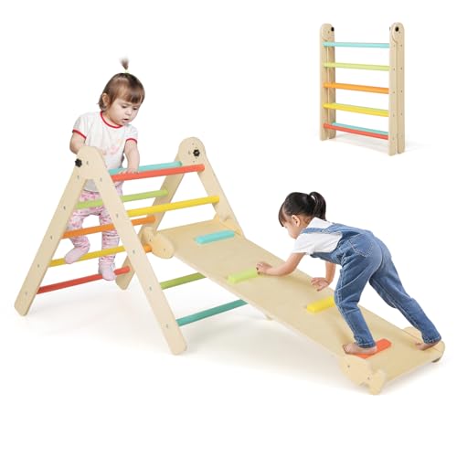 COSTWAY Kletterdreieck mit Rutsche, Sprossendreieck Holz klappbar & höhenverstellbar, inkl. doppelseitige Rampe, zum Klettern & Rutschen, Klettergerüst Indoor ab 1 Jahr (Bunt)