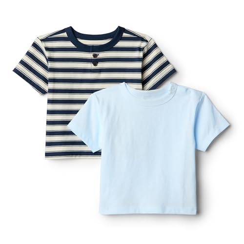 Amazon Essentials x Sofia Grainge Baby - Jungen Kurzärmelige T-Shirts aus Baumwolle mit Rundhalsausschnitt, 2er-Pack, Hellblau/Streifen, 4 Jahre