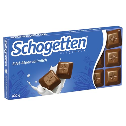 Schogetten Edel-Alpenvollmilch 100g Schokoladentafel, praktisch einzeln portioniert. Ein Genuss. Stück für Stück.