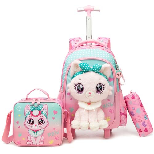 HTgroce Schulrucksack Trolley Mädchen (Süße Katze) – Schulranzen mit Rollen & Kinderkoffer – Schultasche für Grundschule (1. & 2. Klasse) & Reisen