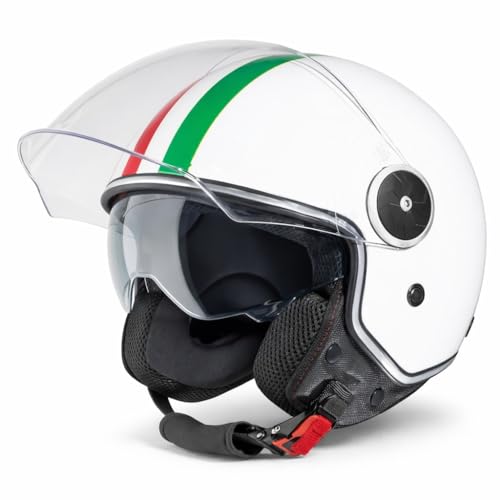 VINZ Neiva Jethelm mit Doppelvisier | Roller Helm mit Italienische Flagge & mit Sonnenblende | In Gr. XS-XXL | ECE 22.06 Zertifiziert | Motorradhelm mit Visier | Viele Farben Erhältlich - Weiß