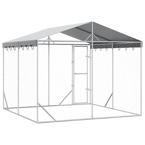 Hommdiy Hundezwinger Outdoor Große mit Dach,Hundekäfig Hundehaus für große Hunde, Hundehütte Silbern 3x3x2,5m Verzinkter Stahl