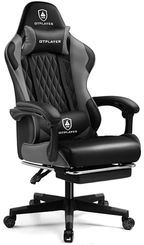 GTPLAYER Gaming Stuhl, Gamer Stuhl, Ergonomischer Bürostuhl mit mit Fußstütze verstellbare Lenden und Kopfkissen, Gaming Chair Gepolstert, Gaming Sessel 150 kg Belastbarkeit grau
