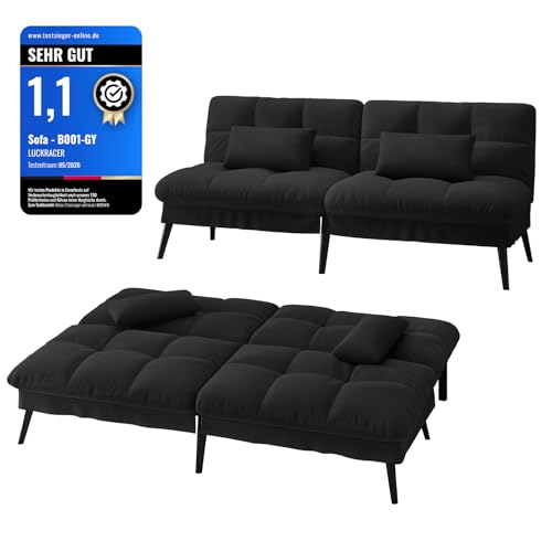 LUCKRACER Sofa 3 Sitzer Sofa Schlafsofa mit Schlaffunktion, überzug Futon Klappsofa, Bettcouch, ecksofa, Couch, 5 Verstellbare Winkel, Ideal für Wohnungen Wohnzimmer aus Stoff Schwarz