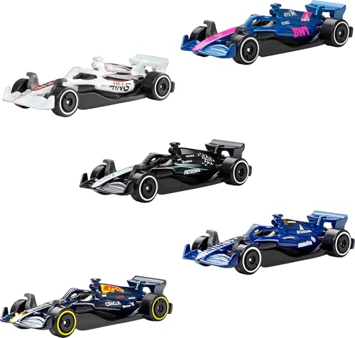 Hot Wheels Maßstab 1:64 5er-Pack Formel 1 Die-Cast-Spielzeugautos, 5er-Set mit offiziell lizenzierten F1-Rennwagen zum Spielen, Sammeln und Ausstellen, JLN11