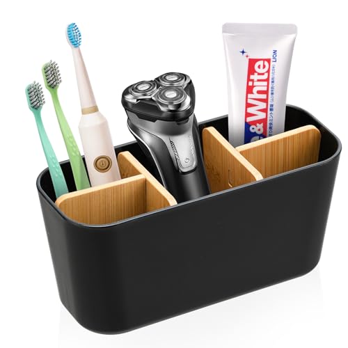 Bambus Trennwände Toothbrush Holder, Zahnbürstenhalter mit 4 Zahnbürstenfächer + 1 Zahnpastafach, Multifunktional Elektrische Zahnbürste Halterung, Badezimmer Organizer Geeignet für Büro Wohnzimmer