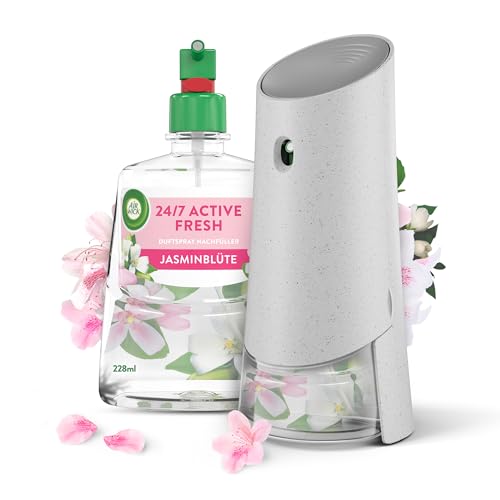 Air Wick Active Fresh – Starter Set – Aeorosolfreier, automatischer Lufterfrischer – Raumduft Jasminblüte – 228 ml Nachfüller + Gerät