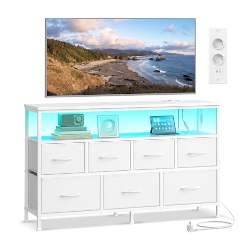 SONGMICS BELLAH Kollektion - Kommode, Schrank, App-gesteuerte LED-Beleuchtung, Sideboard mit Ladestation, 1 Ablage, 7 Schubladen, modern, wolkenweiß LGS733WH01