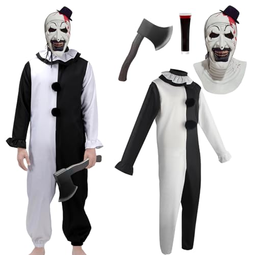 Raveparty Terrifier Kostüm Herren, Halloween Kostüm Herren, Halloween Maske, Erwachsenen Cosplay Kostüm, Faschingskostüme, Karneval Kostüm, für Cosplay, Karneval, Party. (S)