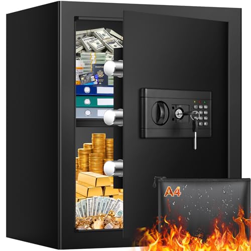 55L Safe Tresor Feuerfest mit Feuerfester Wasserdicht Dokumententasche, Digitaler MöBeltresor mit Schlüssel Herausnehmbaren Regalen, Wandtresor Sicherheitssafe für Zuhause Schmuck Bargeld Wertsachen