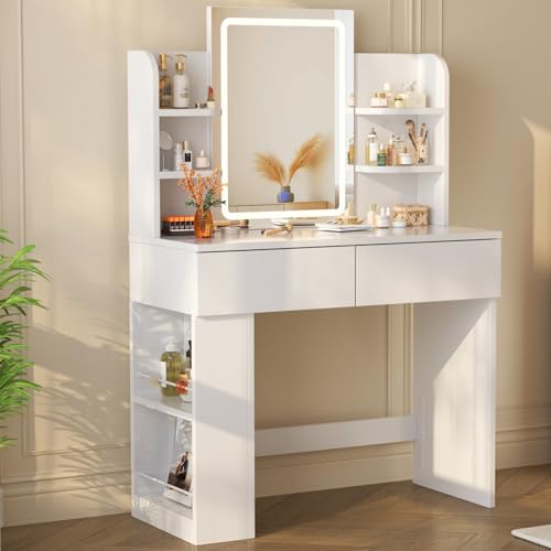Devoko Schminktisch mit LED-Beleuchtung Spiegel, 3 Farben Verstellbarer Helligkeit, Frisiertisch mit 2 Schubladen, 4 Ablageböden, Modern, 90 x 40 cm für das Schlafzimmer, Weiß