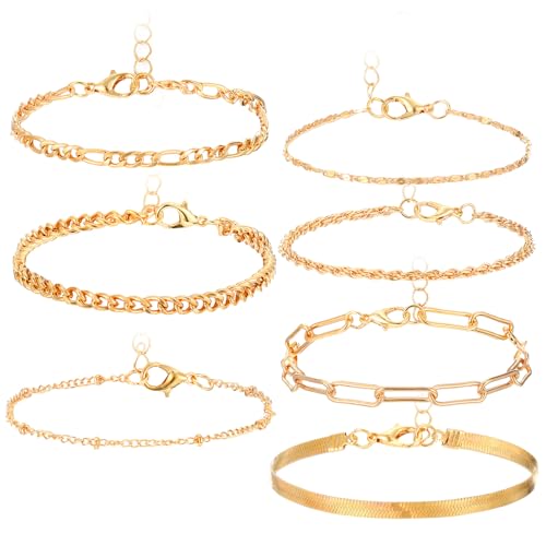 Heclia 7 Stück Armband Damen, 14K Gold Vergoldet Ketten Legierung Armbänder, Verstellbar Cubic Zirkonia Silber Armkette Set Modeschmuck, Geschichtete Stapelbare Armband Boho Schmuck für Damen