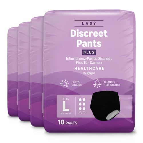 Healthcare by Amazon Discreet Damen Inkontinenz Pants, Plus-Saugstärke, L, 40 Stück (4 Packungen à 10 Stück), Schwarz