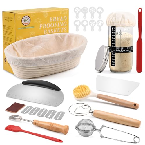 Clheatky Sauerteig Starter Set, 11-teilig Gärkorb Brot Set, Oval 25cm, Rattan, Komplettset Brot Backen Zubehör, Geschenk für Anfänger und Erfahrener Bäcker