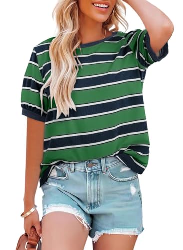 Cuptacc Tshirt Damen Sommer Farbe Gestreiftes Vintage Weich Baumwolle Tunika Damen 2026 Mode Rundhals Basic Farbblock 1/2 Arm Bluse Grün Blau XL