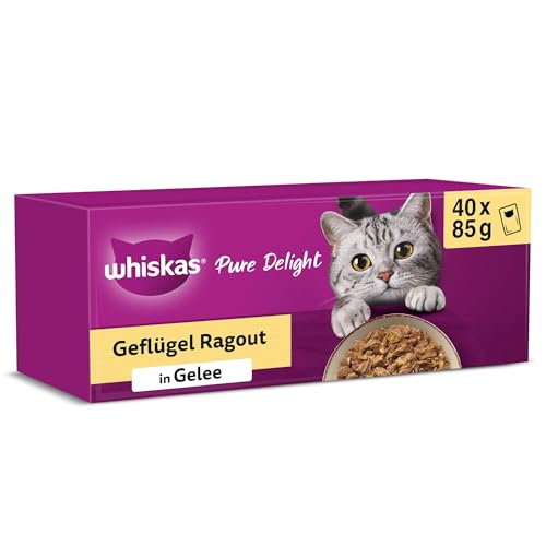 Whiskas 1+ Katzennassfutter Ragout Geflügel Auswahl in Gelee, 40x85g (1 Packung) – Hochwertiges Nassfutter für ausgewachsene Katzen in 40 Portionsbeuteln