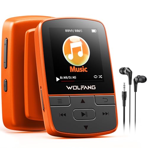 WOLFANG MP3-Player mit Bluetooth 5.2, Sportclip, Mini-Größe, Gewicht 28,3 g, HiF-FM-Radio, Diktiergerät, Kopfhörer im Lieferumfang enthalten, Orange