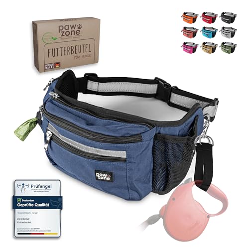 PAWZONE Futterbeutel Hunde - Leckerlibeutel für Hunde - Bauchtasche für Hunde Zubehör - Leckerlitasche für Hunde - Inkl. Reflektorband & Zusatzgurt für Flexileine (Marineblau)