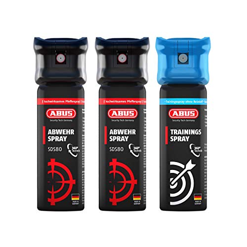 ABUS Abwehrspray SDS80 2er Set zur Tierabwehr + Trainingsspray – Pfefferspray zur Selbstverteidigung bei Tierangriffen – mit Jet-Sprühstrahl für bis zu 5 Meter Reichweite – funktioniert auch kopfüber
