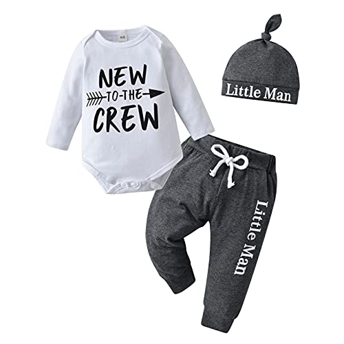 Tinykeke Neugeborenes Baby Jungen Kleidung Langarm Strampler New to The Crew Tops + Hut + Hose 3 tlg Babykleidung Set (3-6 Monate)