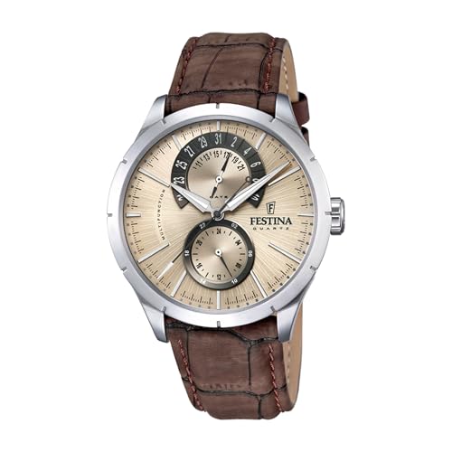 Festina Herren Uhr Analog mit Braunem Lederarmband - Quarzwerk - Mineralglas mit hoher Widerstandsfähigkeit - Wasserdicht bis 5 ATM - Elegant und Klassisch - Multifunktion F16573/9