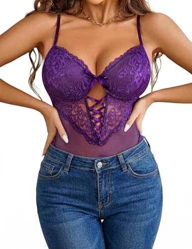 Avidlove Dessous Damen Sexy Unterwäsche Babydoll Spitze Mesh Body V-Ausschnitt Reizwäsche Translucent Riemchen Bodysuit Spaghetti Lingerie Lila M